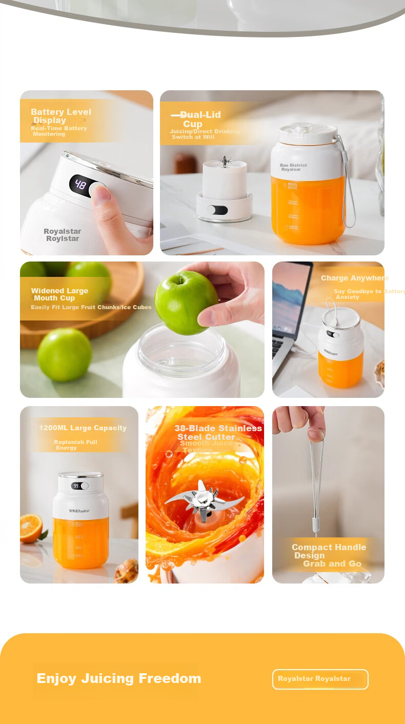 Royalstar Large Capacity Wireless Portable Juicer Multifunctional Juice Blender Ice Crushing Milkshake Fruit and Vegetable Cup Digital Display Direct Drinking 1200ML RZ-80PY1 2