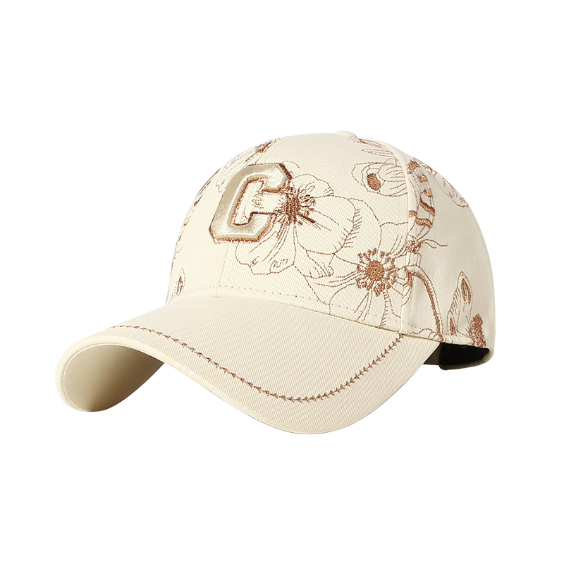 CACUSS Women's Baseball Cap Embroidered Hard Top Outdoor Sun Hat Casual Face-Slimming Duckbill Cap Beige