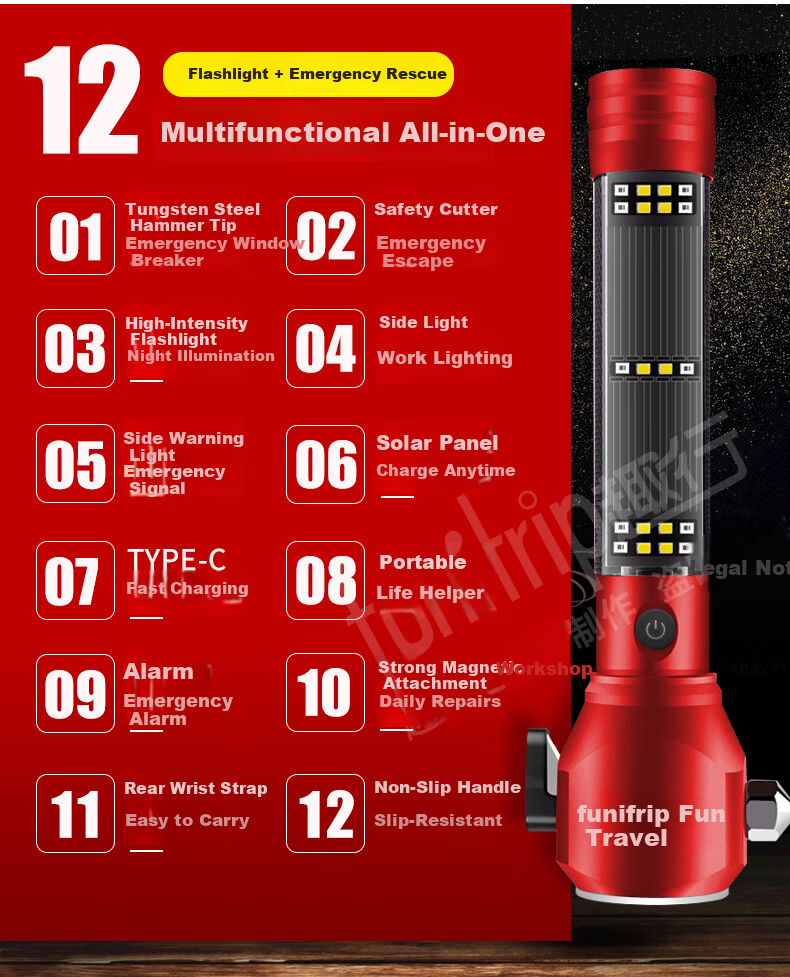 QuXing 12-in-1 Car Emergency Escape Hammer with Window Breaker, High-Power Flashlight, Red 2