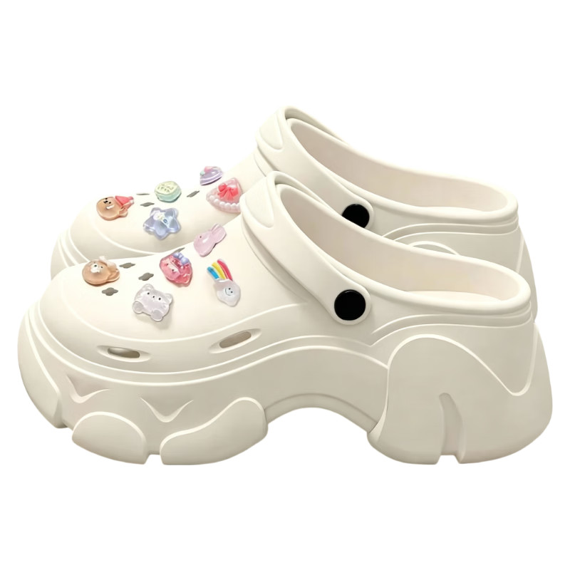 Qisefang Women's Perforated Beach Sandals with Thick Soles, Heightening Heels, Slimming Effect, Outdoor Wear, Non-Slip Slippers, White, Size 40-41