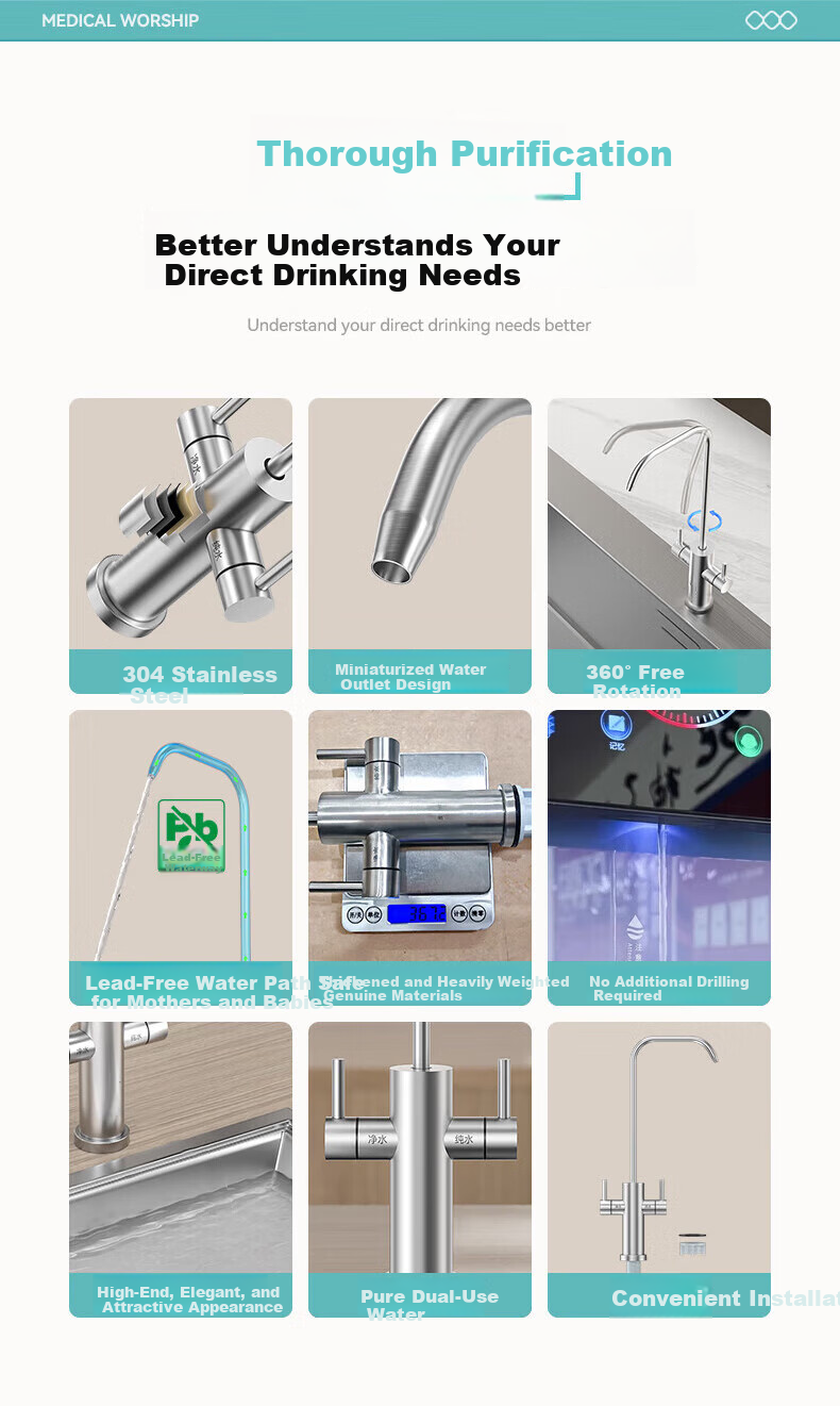 Yibai Water Purifier Faucet Kitchen Household Direct Drinking 2-Way Dual Outlet Sink Faucet Vegetable Washing Basin Universal 304 Stainless Steel Faucet 2
