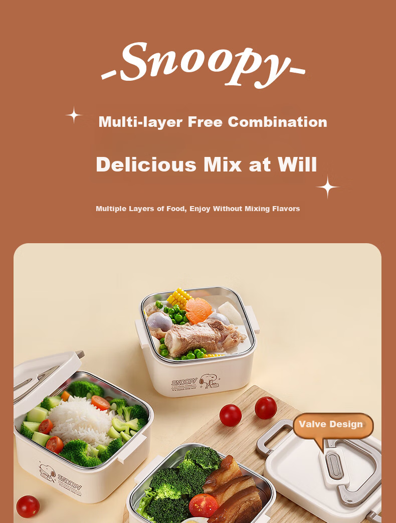 SNOOPY 316L Stainless Steel Lunch Box for Office Workers, Microwaveable, Elementary School Student Bento Box, Insulated 2-Layer Food Container 3
