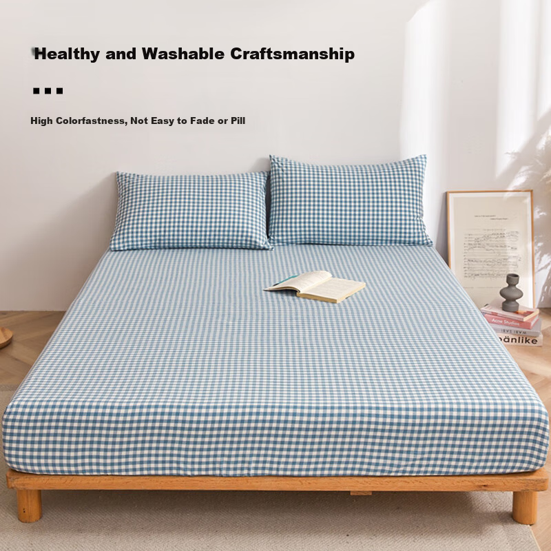 Wuyinliangpin Class A 100% Pure Cotton Fitted Sheet, Single Piece, 1.8x2 Meter Double Bed Cover, Protective Case, Full Coverage Fitted Sheet, Blue Small Check Patter