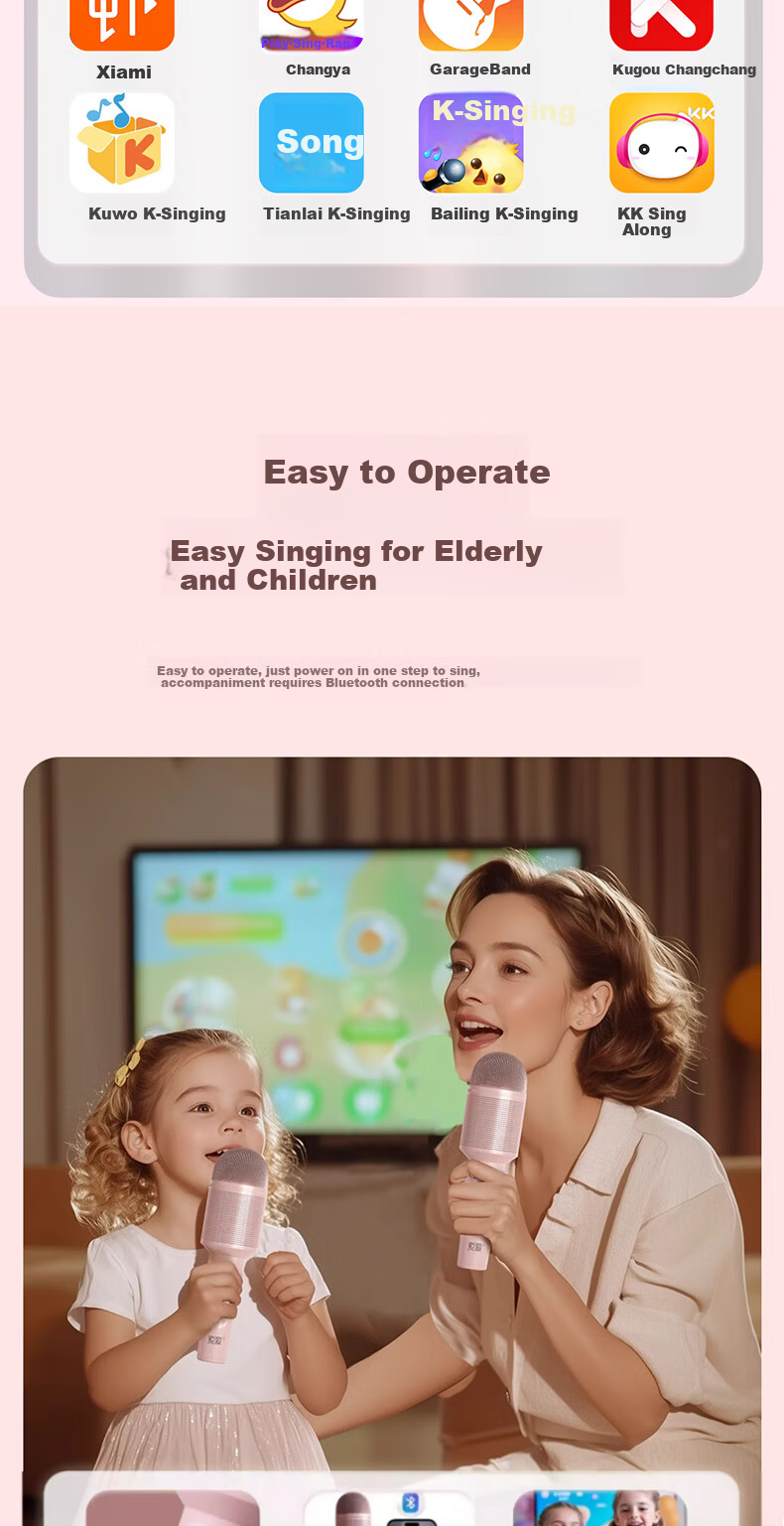 Soaiy Microphone Speaker All-In Wireless Bluetooth Karaoke TV Children's Birthday Gift Portable Handheld Karaoke Microphone for Home Use MC8MAX Pink 10