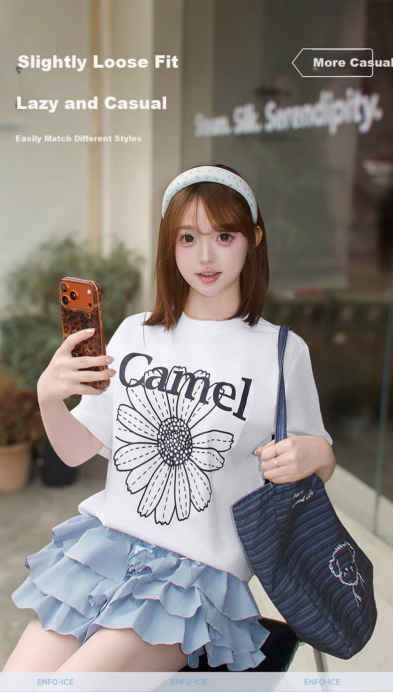 CAMEL Ice Skin T-Shirt Little Daisy Short Sleeve Cotton Loose Casual Top C36BAXLN023C Light Heather Gray XL 5