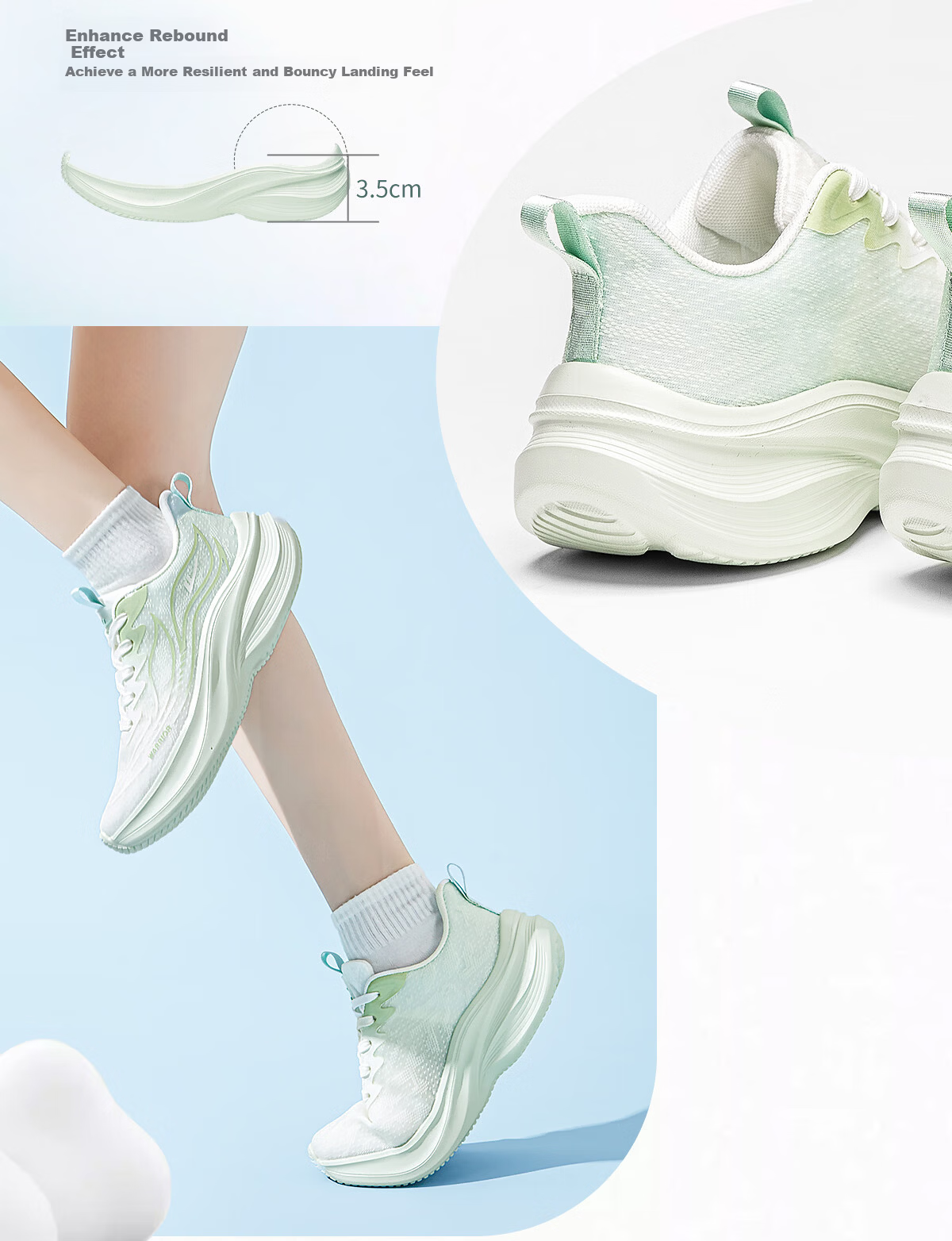 Warrior Thick-Soled Women's Sports Shoes New Spring Summer Lightweight Soft Sole Shock Absorption Fitness Running Shoes White Green Size 35 5