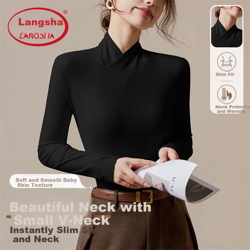 Langsha Women's Spring Slim Fit Long Sleeve Cross Neck Base Layer Top
