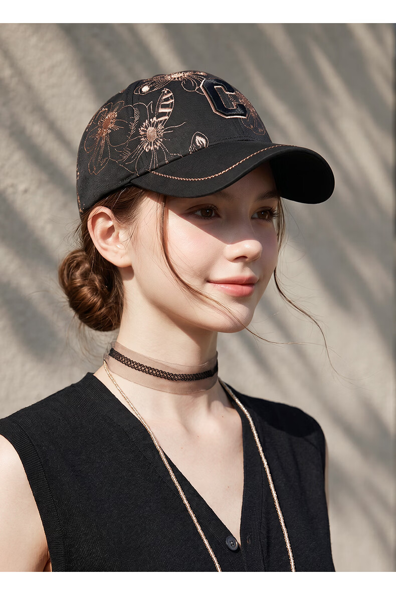 CACUSS Women's Embroidered Baseball Cap Hard Top Outdoor Sun Hat Casual Slim Face Duckbill Cap Black 10
