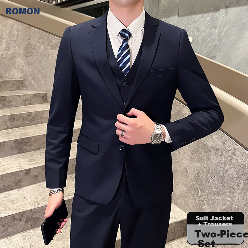 ROMON Men's Business Slim Fit Suit Set Professional Formal Groom Wedding Jacket Navy Blue XL