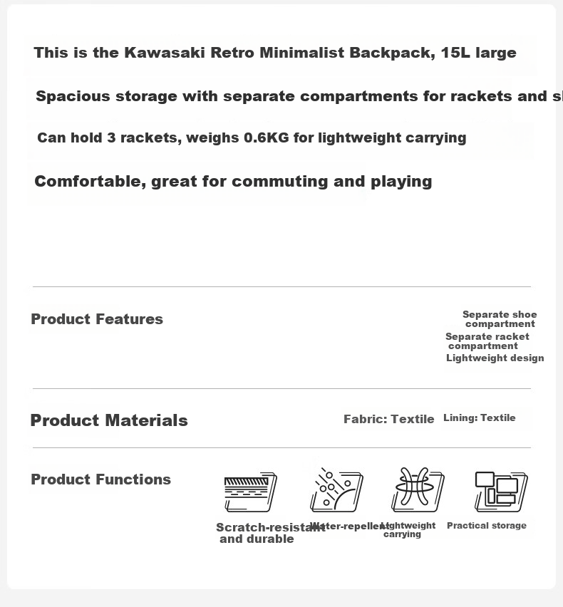 KAWASAKI Badminton Bag Boundless Retro Backpack with Separate Shoe Compartment Large Capacity Waterproof Sports Backpack D8277 Apricot 3