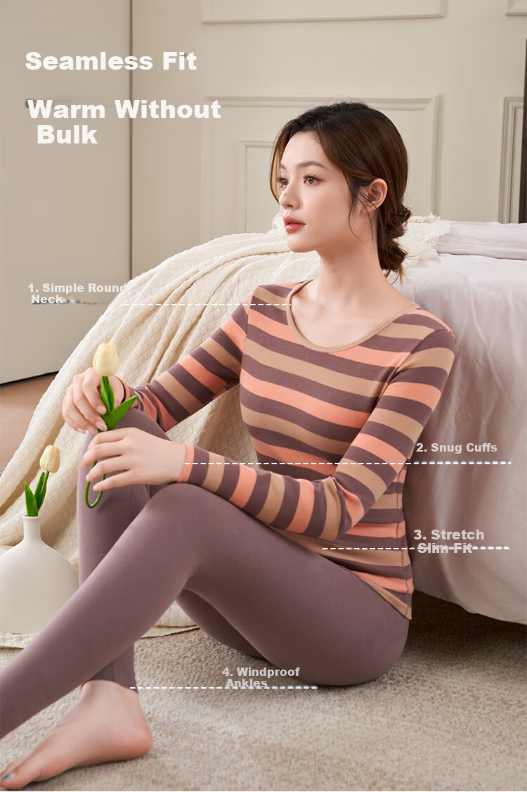 GRACEWELL Women's Pure Cotton Thermal Underwear Set Autumn Winter Striped Cotton Sweater Base Layer 12
