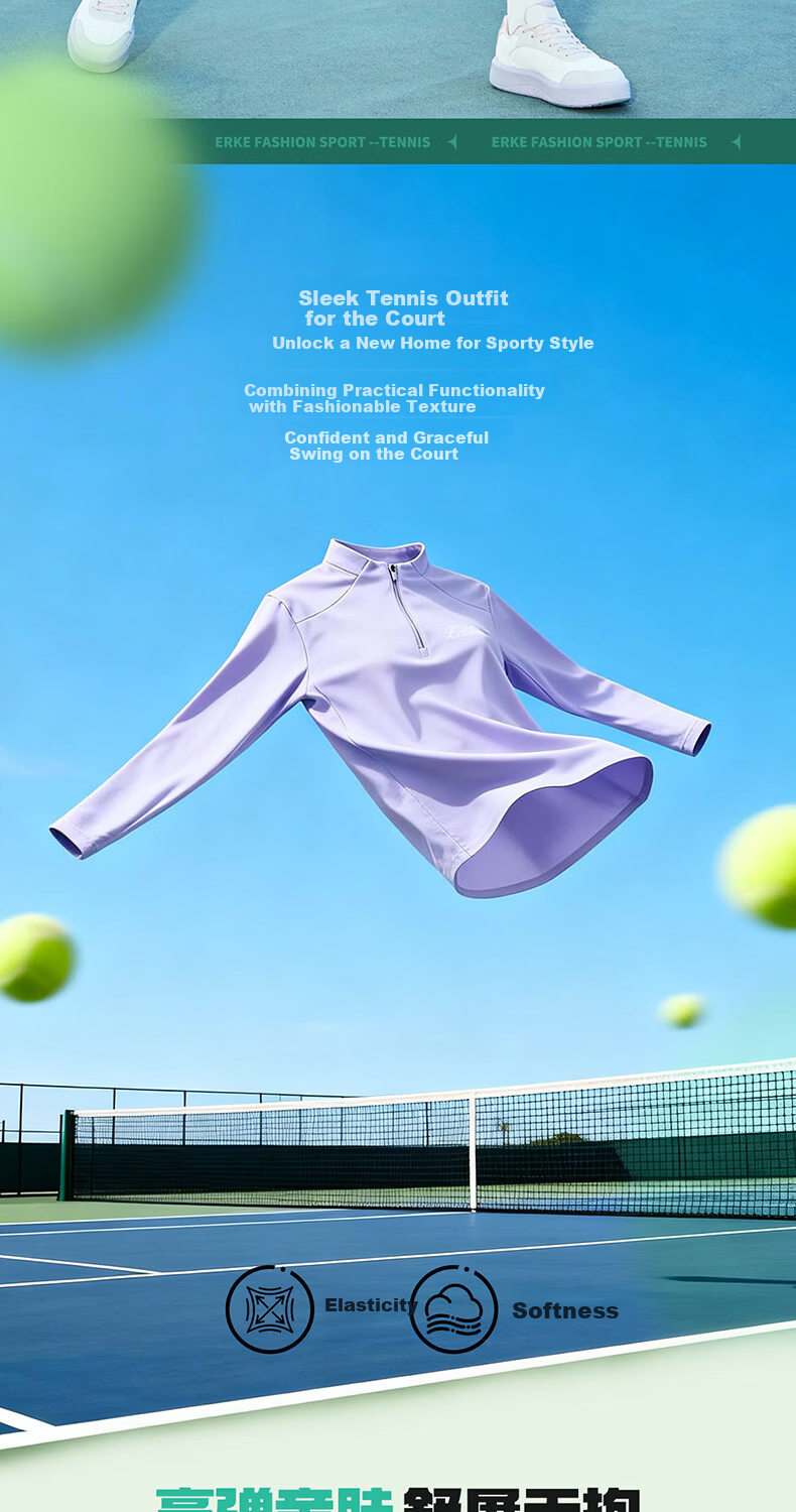 ERKE Women's Long Sleeve T-Shirt 2026 New Half-Placket Stand Collar Tennis Slim Fit Sports Top Versatile Base Layer Running Shirt 2