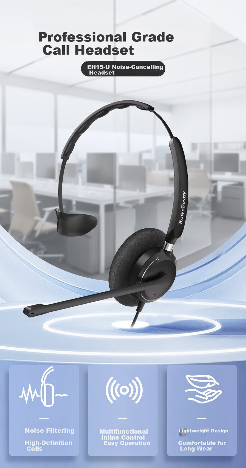 RownFusny EH15 USB Single-Ear Dual-Mic Noise-Cancelling Headset for Call Center Business Office 1