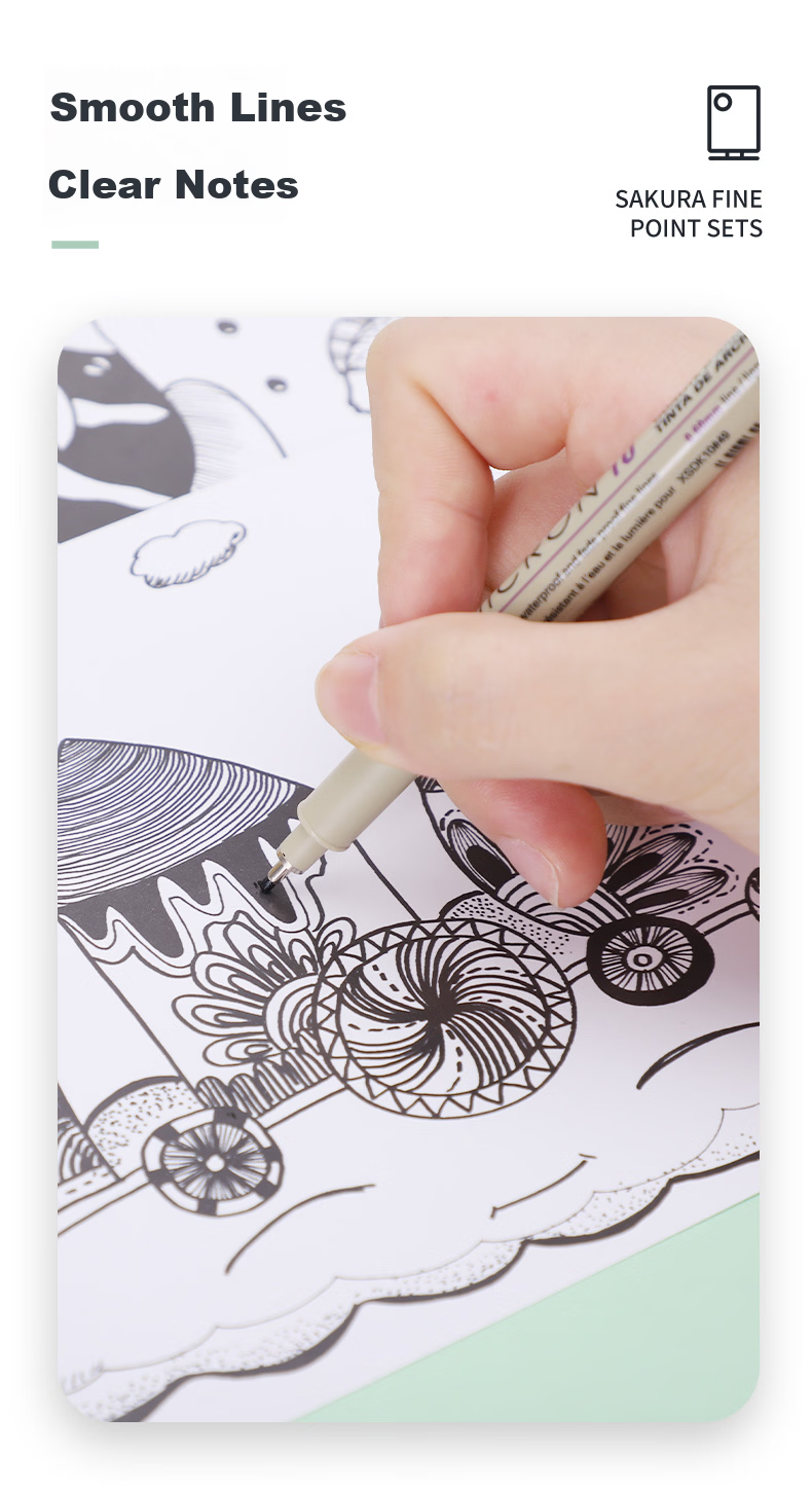SAKURA PIGMA Pen Cool Maru Needle Tube Pen Outlining Pen 7-Piece Set Japanese Imported Signature Pen Drawing Black Water Pen Student Children's Art Painting Outlining Hand-Drawn Design 8