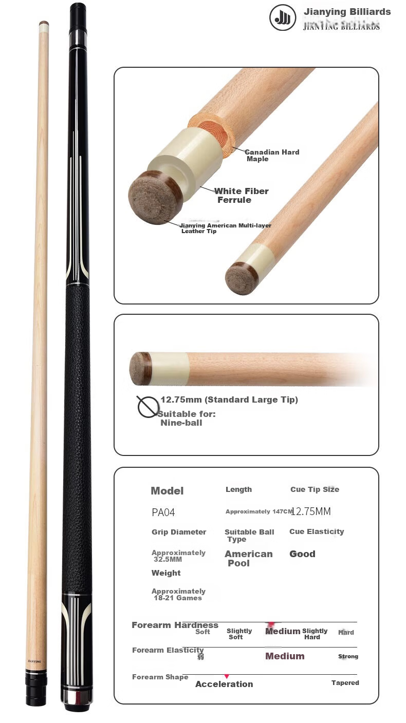 Jianying Billiard Cue Large Tip Chinese Style Black 8 Eight Ball American Leather Handle Nine Ball Cue 1/2 Split Cue Pianist 12.75mm 4
