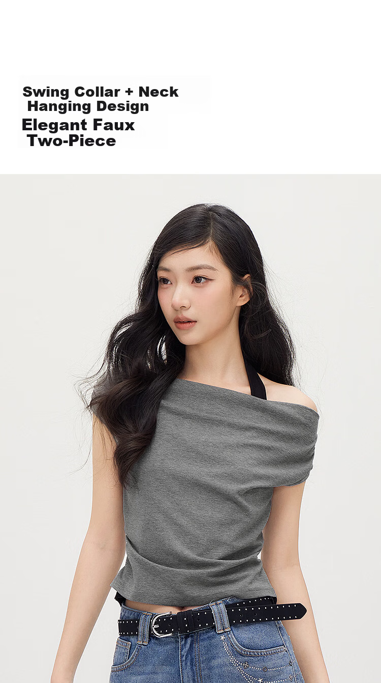 Semir Women's Summer Short Halter Neck Slim Fit Fake Two-Piece T-Shirt 2026 Stylish Sexy Top 109326100041 6