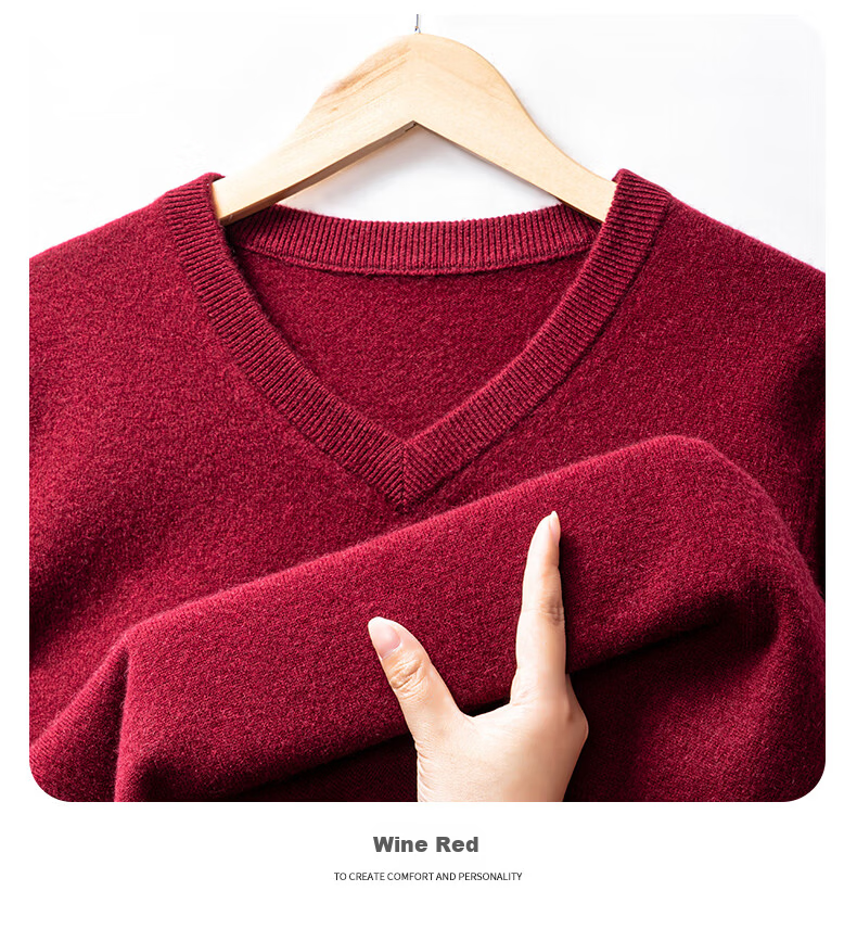 Hengyuanxiang Men's Thick 100% Pure Cashmere V-Neck Sweater Winter New Warm Versatile Red Knitwear 5