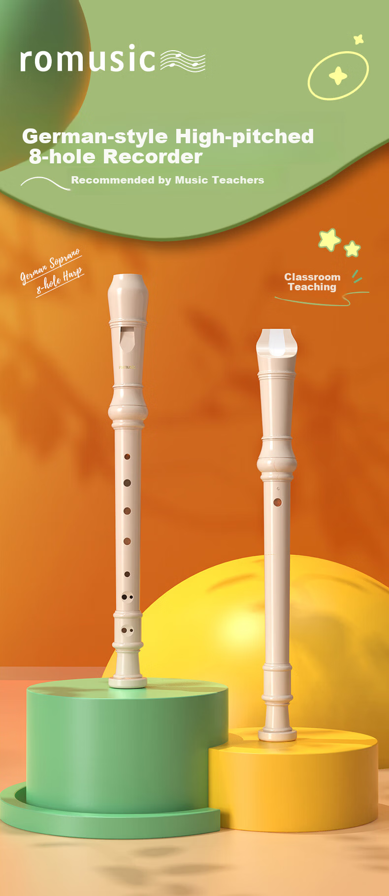 Romusic Recorder German Style Soprano C Key 8-Hole Student Children's School Designated Ivory White Beginner Flute 3