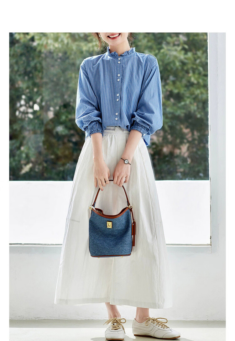 Demana [Pure Cotton Whisper] Spring Korean Style Lace Stand Collar Striped Loose Long Sleeve Commuter Shirt Women's Top 3