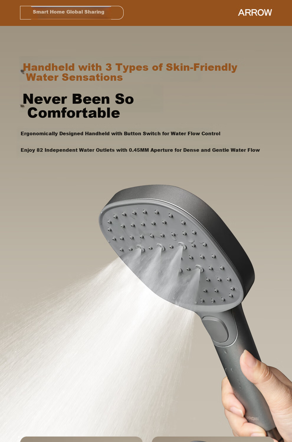 ARROW F600 Three-Function Shower Head with Piano Key Large Storage and Pressure Boosting Spray Set AE33185MZGGSP-P 14