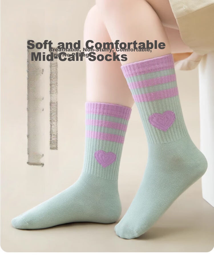Caramella Kids Socks Spring Summer Girls Striped Heart Trendy Sports Mid-Calf Socks for School Children 2