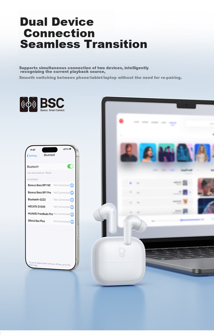 BASEUS BP1 NC In-Ear True Wireless Bluetooth Earphones Deep Noise Cancellation Long Battery Life Custom Touch Control Compatible with Apple iPhone 17 Huawei Vivo Phones Gift 26