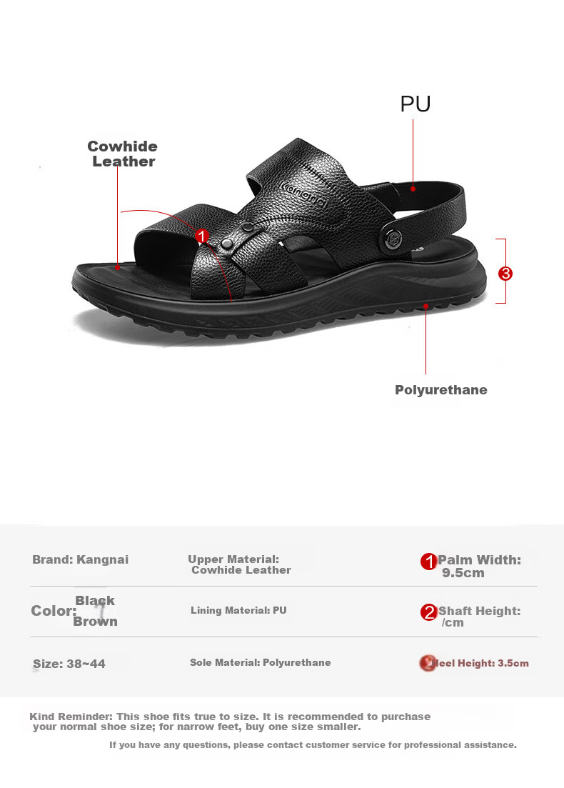 Connie Men's Summer Casual Genuine Leather Cowhide Dual-Wear Soft Breathable Odor-Resistant Beach Sandals Black Size 38 12