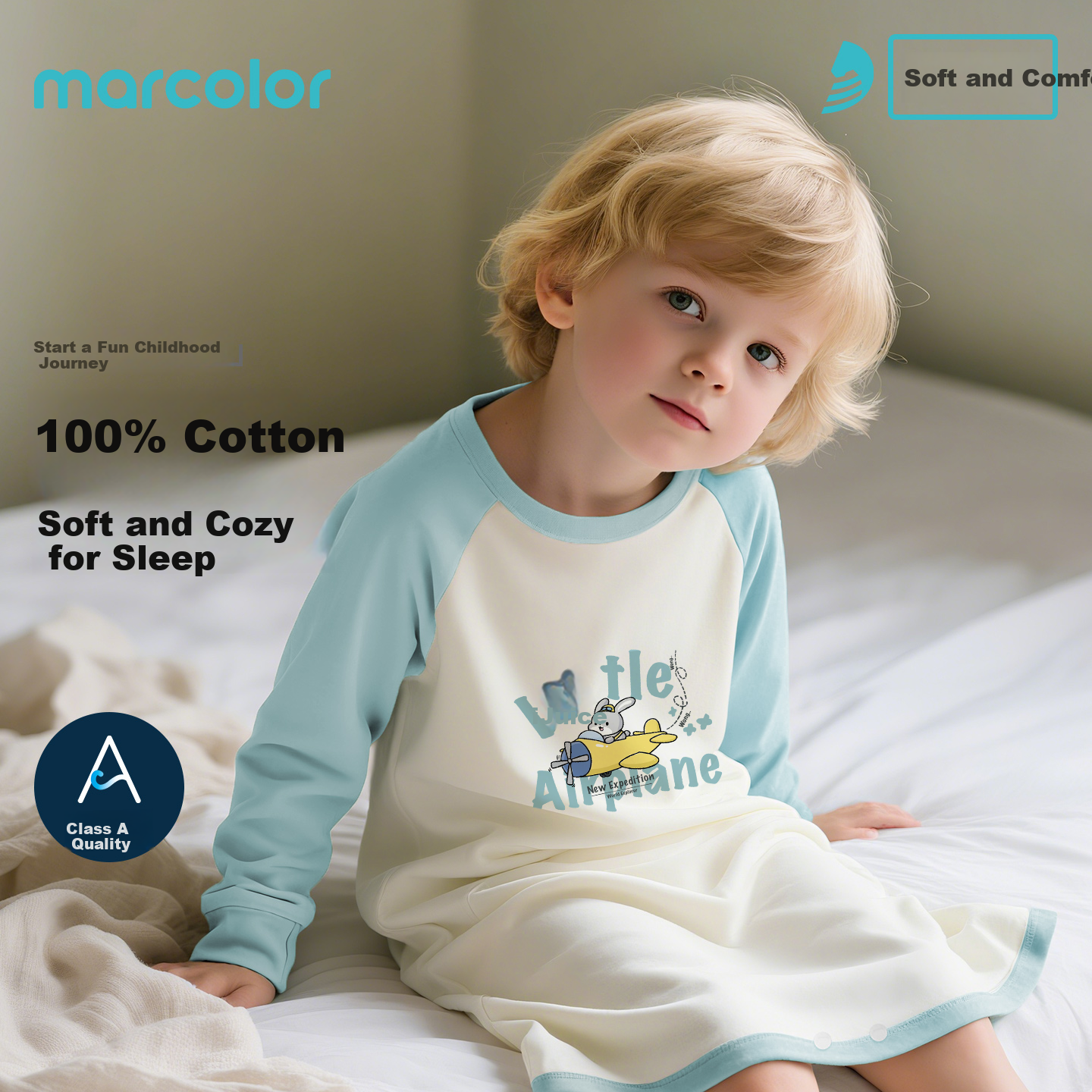 Macar Children's Pure Cotton Nightgown Unisex Baby Homewear Pajamas Air Conditioning Clothes [Long Sleeve] Light Green 73