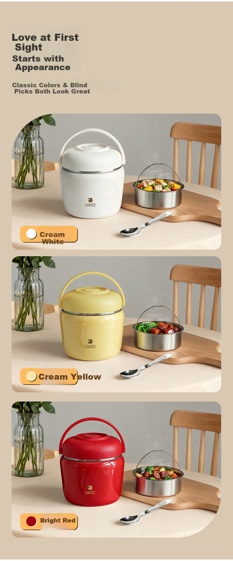 CAMUZ Insulated Lunch Box 316 Stainless Steel Double Layer Large Capacity Portable Thermal Container for Office Workers and Students SE-YT 6