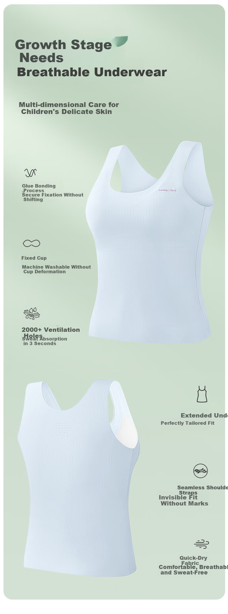 Langsha Girls' Vest Underwear Student Children's Developmental Period Bra 6-12 Years Old Camisole Outerwear for Girls 7
