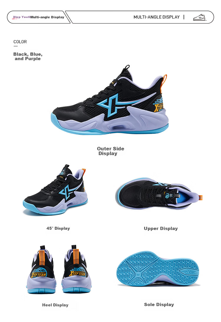 XTEP Youth Style Hunter Sports Shoes Boys Anti-Rollover Burnt Flower Craft Basketball Shoes Black/Changchun Flower Purple 37 24