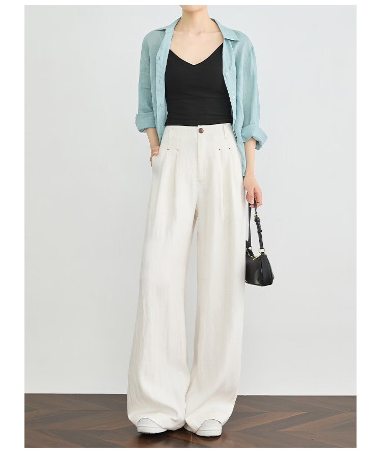 FAESSLIN Urban Old Money Style White Linen Summer Slim Wide-Leg Casual Pants for Women 26