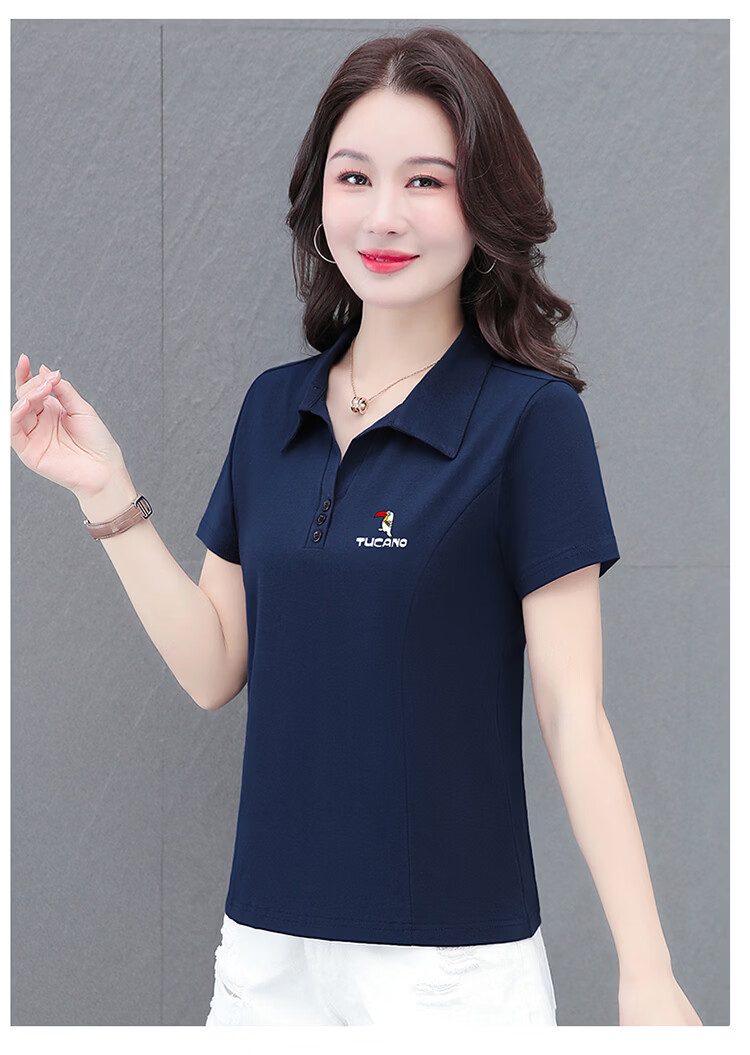 Woodpecker Women's Short Sleeve T-Shirt Pure Cotton Polo Collar Summer Regular Shoulder Slim Fit Casual Sports Half Sleeve Top Wine Red 2XL 16