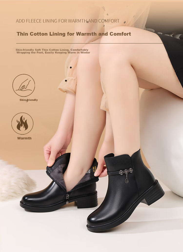 Red Dragonfly Women's Winter Fleece-Lined Warm Cotton Leather Boots Lightweight Soft Sole Middle-Aged and Elderly Short Boots WTC457361H Black Size 39 5