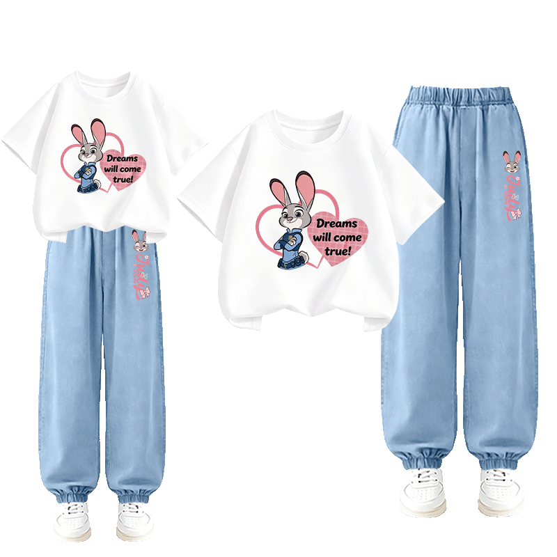 Disney Girls Summer Set Short Sleeve Tencel Jeans Heart Bunny Police White + Judy Bunny Light Blue 130