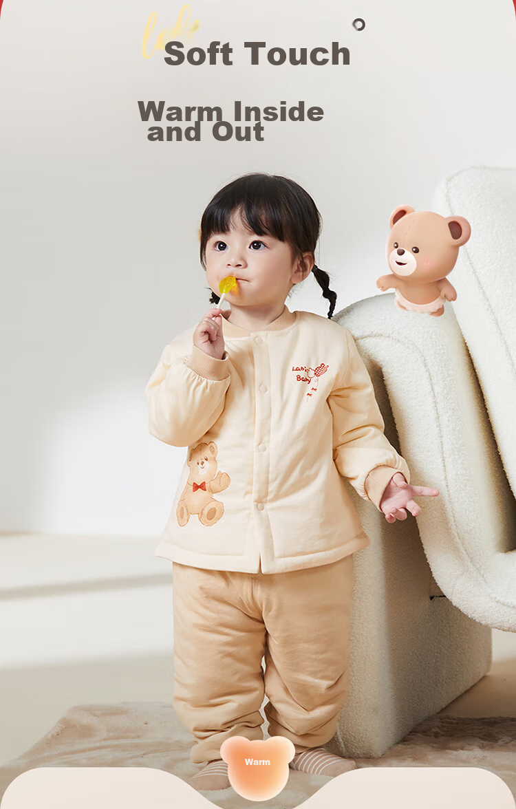 Labi Baby Children's Underwear Set, Padded 120g, Autumn And Winter, for Boys And Girls, Baby Warmth, Red Chinese Style, Light Apricot Color, Size 80 2