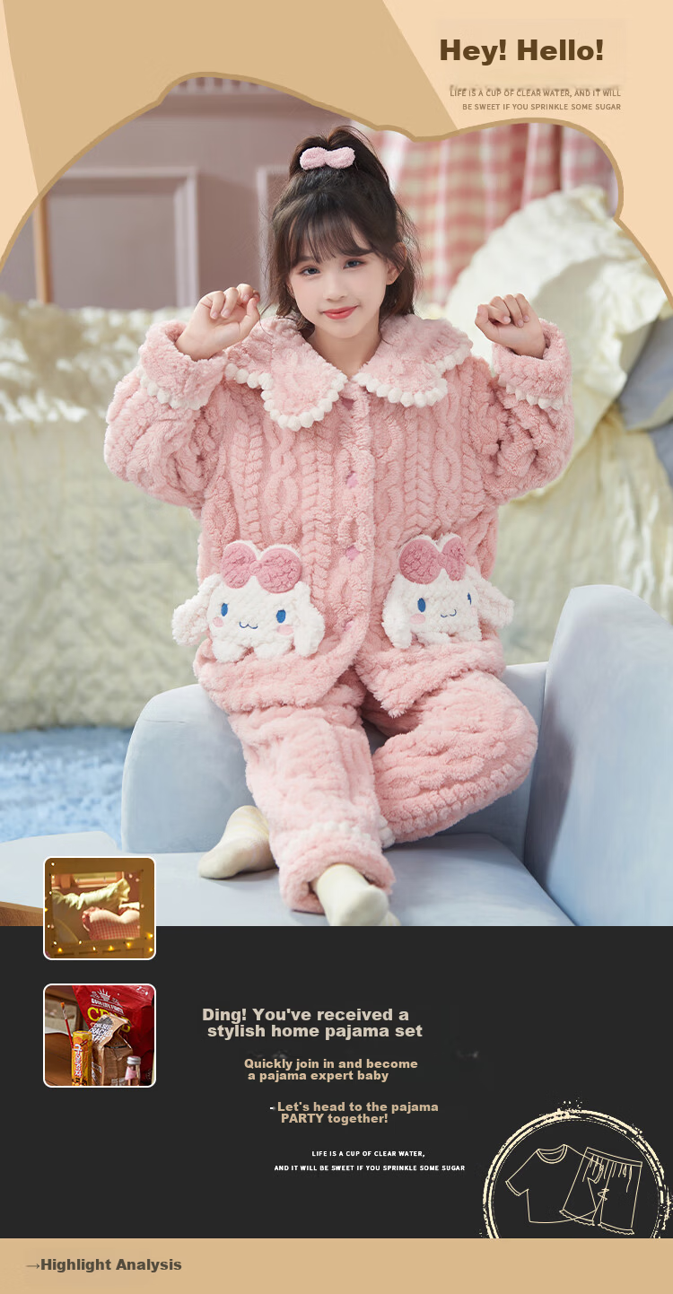 LangSha Children's Coral Fleece Pajamas Girls Autumn Winter 2025 New Thickened Flannel Homewear for Big Girls 1