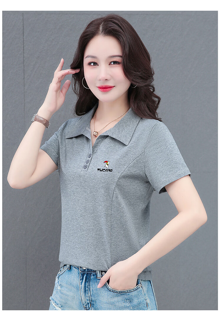 Woodpecker Women's Short Sleeve T-Shirt Pure Cotton Polo Collar Summer Regular Shoulder Slim Fit Casual Sports Half Sleeve Top Wine Red 2XL 25