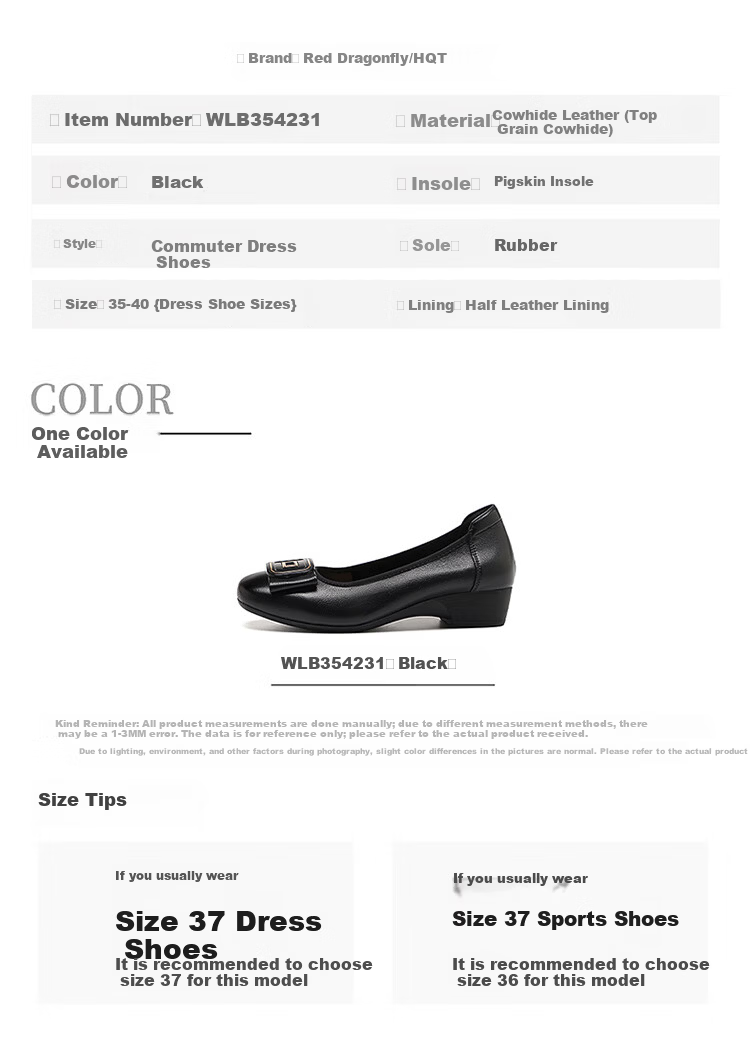Red Dragonfly Women's Shallow Autumn Cowhide Slip-On Commuting Leather Shoes Soft Sole Lightweight Mom Flats WLB354231 Black 38 6