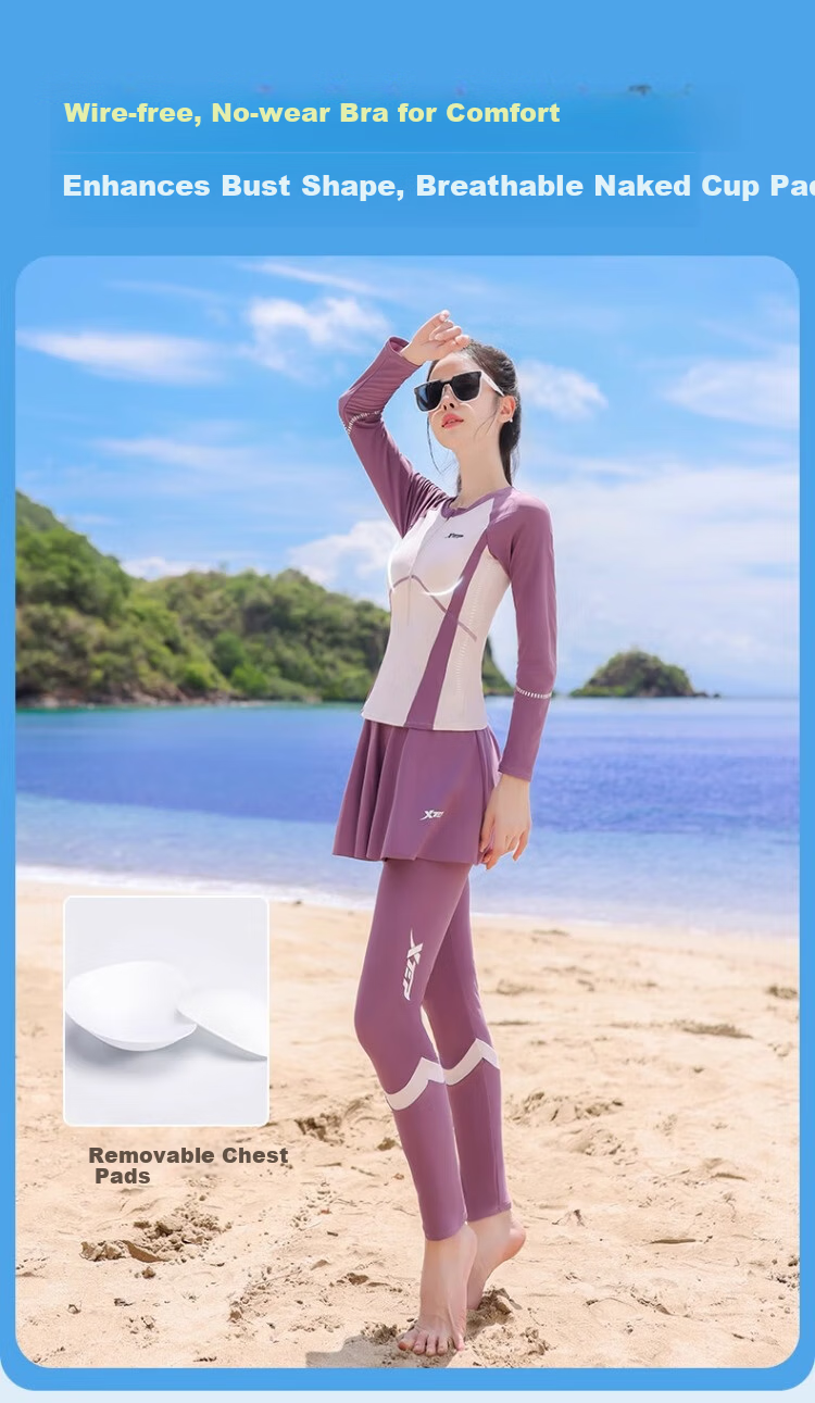 Xtep Women's Swimsuit Three-Piece Set Long Sleeve Long Pants Conservative Sun Protection Plus Size Two-Piece Slimming Tummy Control Diving Surfing Suit 6