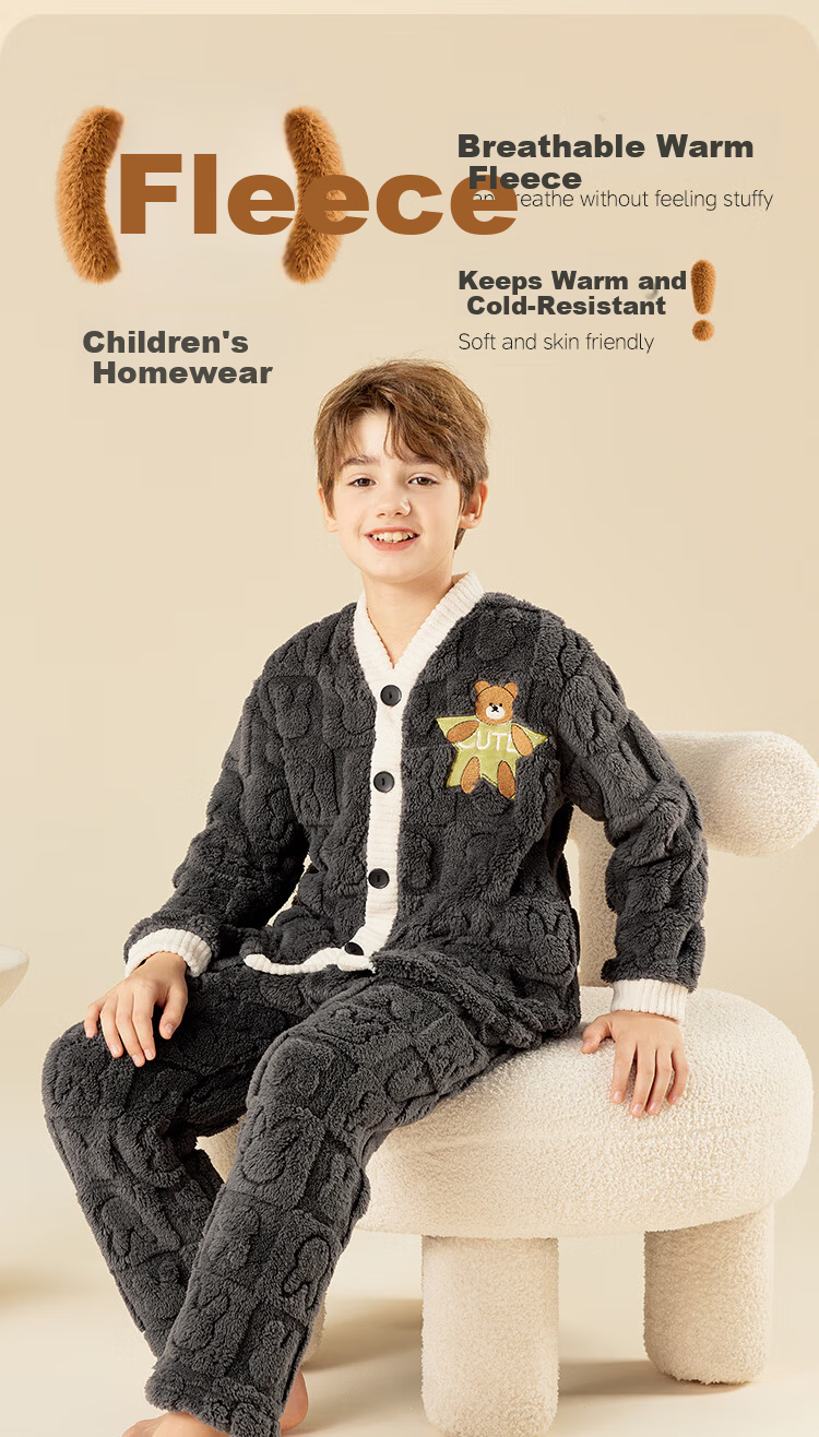 LangSha Fleece-Lined Thickened Flannel Children's Pajama Set Autumn Winter Boys Sleepwear Warm Clothes 1