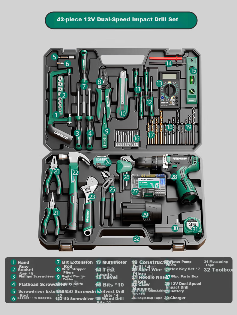 Green Forest 34-Piece 21V Impact Lithium Drill Set Multi-Function Household Toolbox Hardware Electrician Repair Kit 12