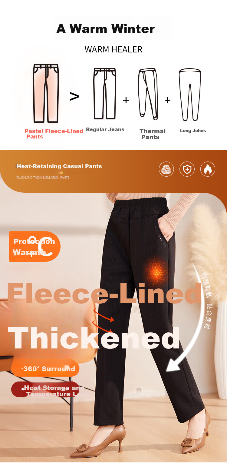 Pastel Windproof Thickened Fleece-Lined Winter Tapered Pants Elastic High Waist Middle-Aged and Elderly Mom Black L 1