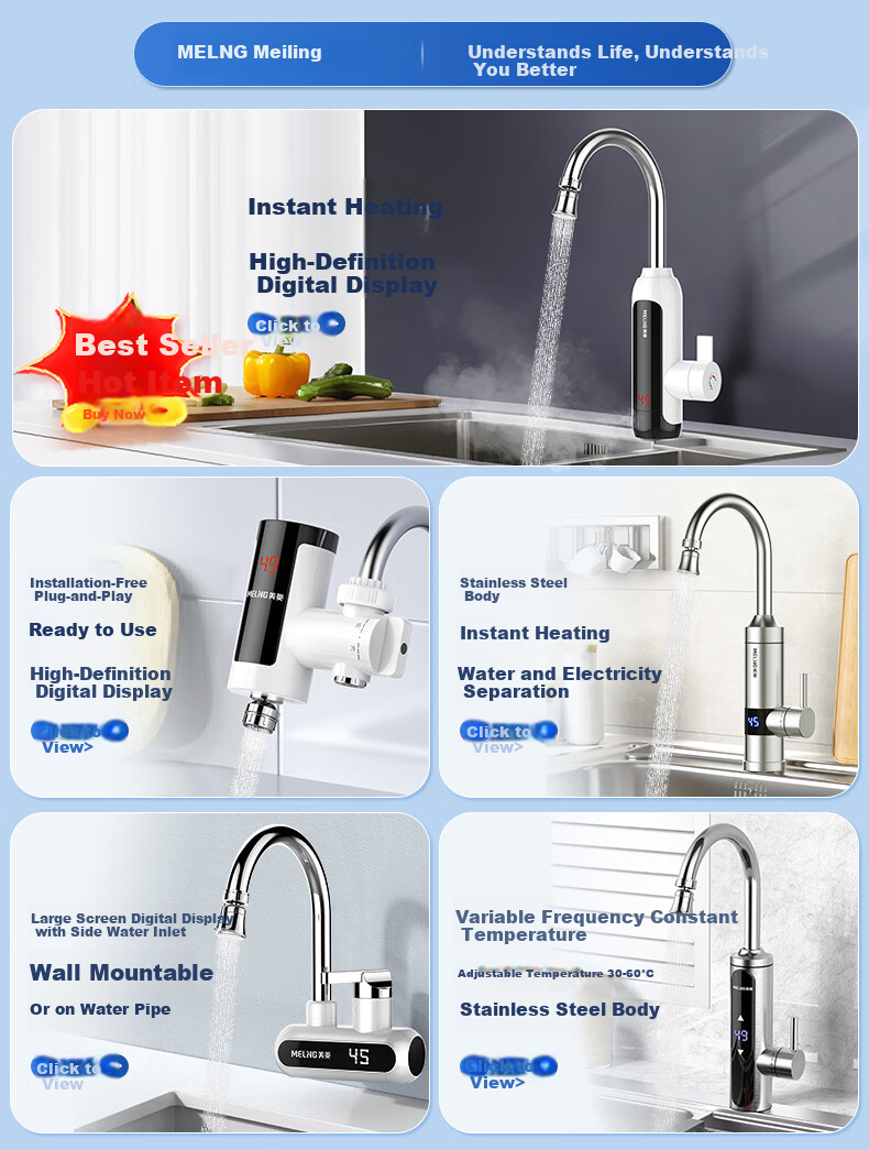 MeiLing Electric Instant Hot Water Faucet Variable Frequency Constant Temperature Stainless Steel Body Kitchen Fast Heating Small Kitchen Treasure Hot and Cold Dual-use Electric Water Heater Bottom In 1