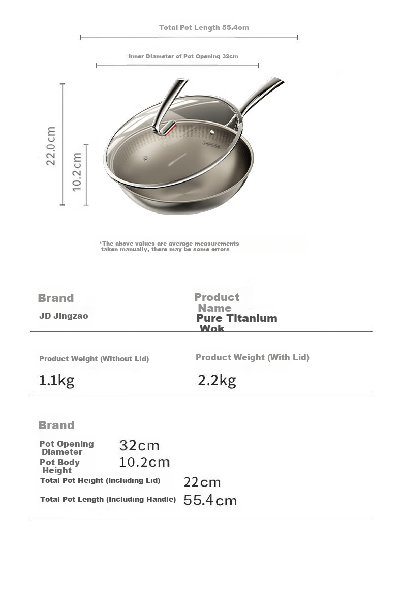 JD Original Titanium Woven Pure Titanium Wok Pro, Household Non-Coated Stir-Fry Flat Bottom Pan, Compatible with Induction And Gas Stoves, 32cm 11