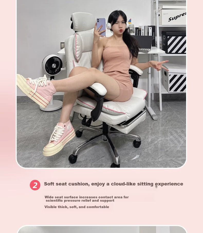 Qianxihuafu Computer Chair Gaming Chair for Women's Bedroom Home Use Comfortable Ergonomic Chair with Backrest for Long Sitting, Pure Gray 7