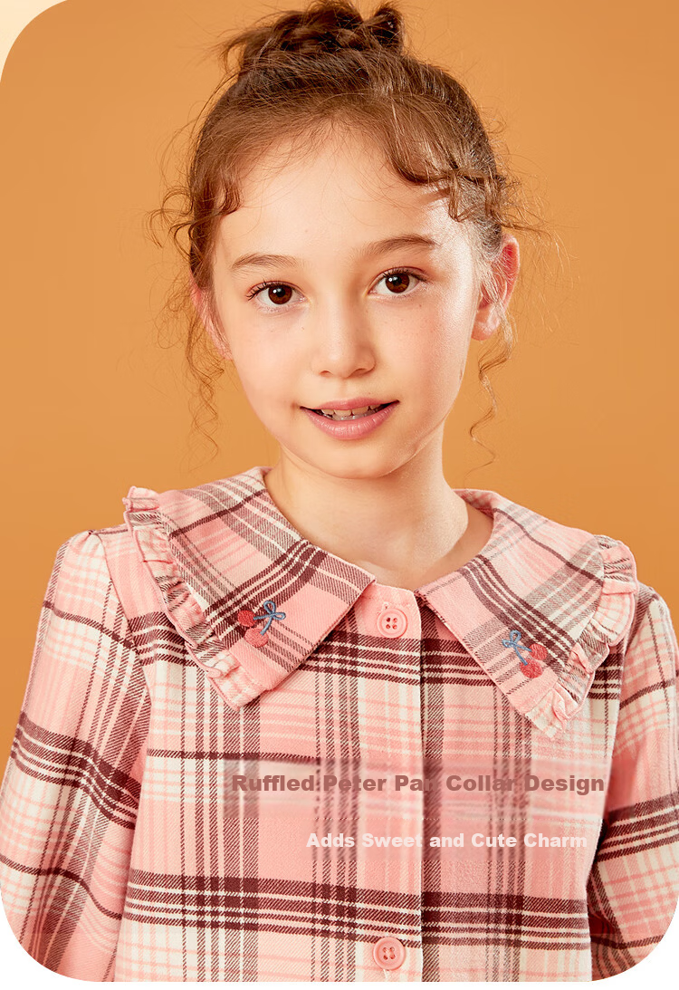 Hodohome Children's Pajamas, Girls' Plaid Cotton Loungewear, Girls' Brushed Lapel Cardigan Long-Sleeve Set 504 120 5