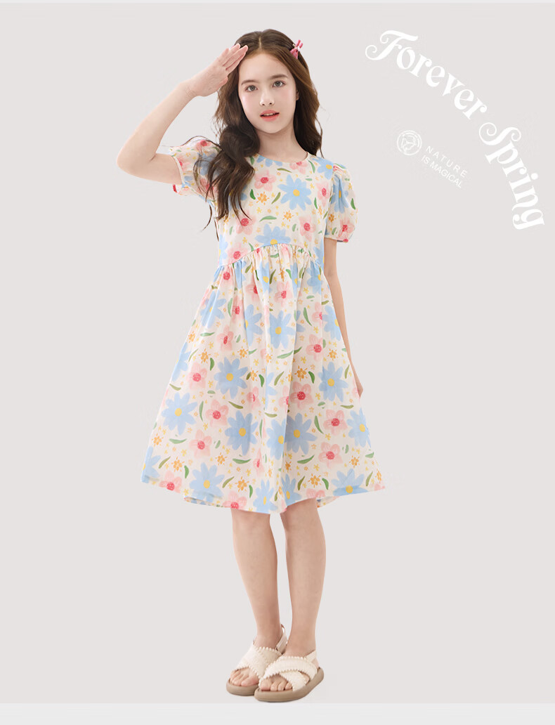 Disney Girls Summer Floral Dress Rural Style Cotton Princess Dress 21A145 Blue Green Size 130 5