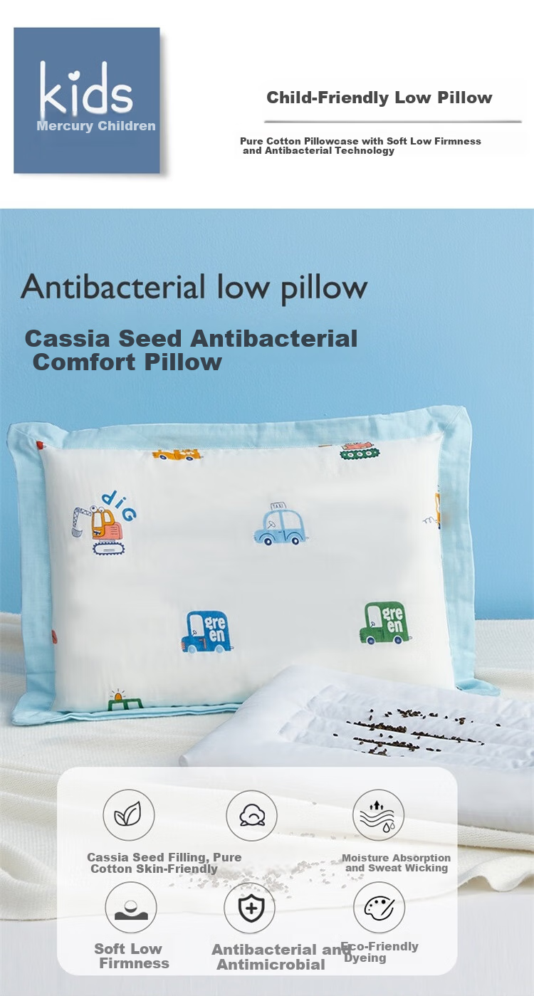 MERCURY Kids Pillow, Class A Children's Pillow, Cassia Seed Pillow, Pure Cotton Antibacterial Student Dormitory Pillow, Baby Blue, 35*58*3.5cm 1
