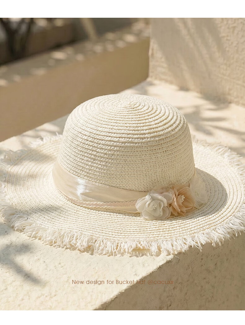 CACUSS Women's Straw Hat Summer Large Brim Straw Woven Hat French Style Face Slimming Sun Hat Beach Sun Hat Summer Floral Brim 9